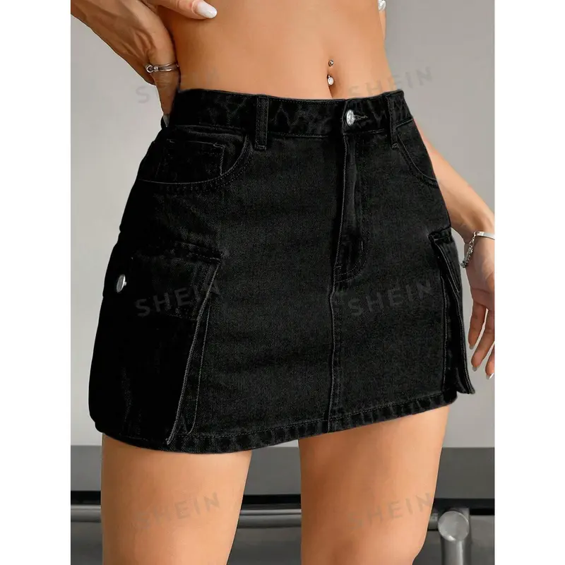 SHEIN EZwear Women's Summer Solid Color Cargo Denim Skirt 5