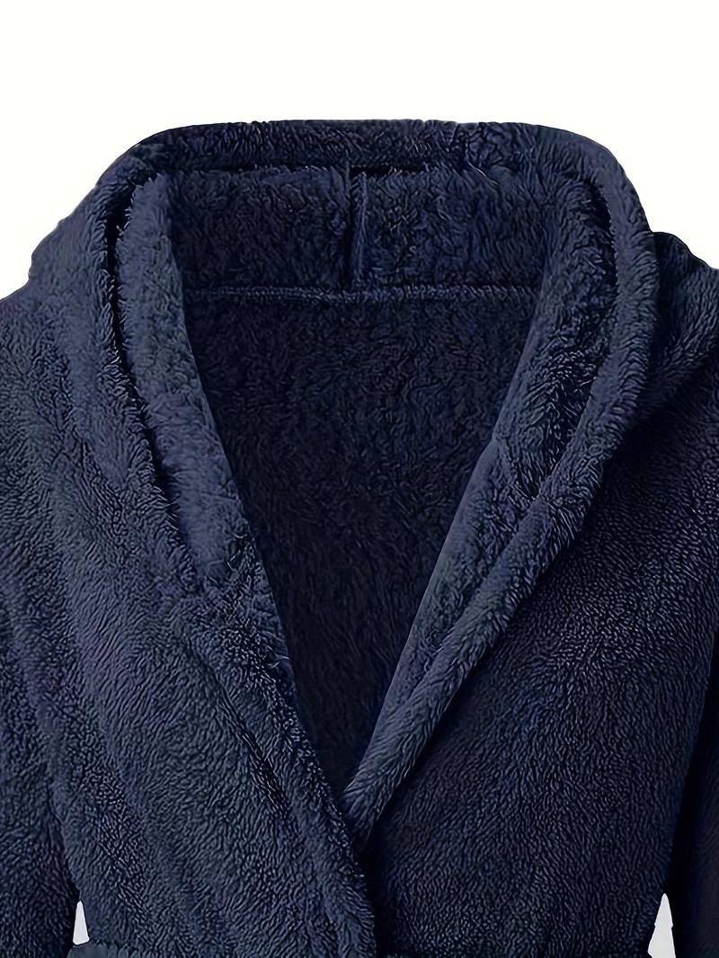 Product Introduction of Men's Solid Winter Plush Hooded Bathrobe, Thickened Warm Long-Sleeve Fleece Loungewear, Simple Casual Style 7