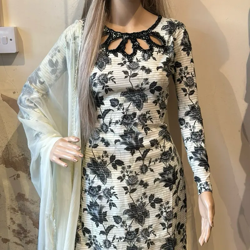 Cream lawn floral bead cut work 3 piece palazzo suit 5