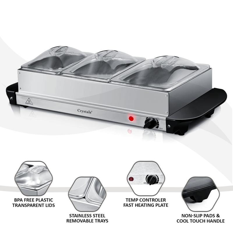 Crystals 3-Piece 2.5L Electric Food Buffet Server Set with Adjustable Temperature Hot Tray 2