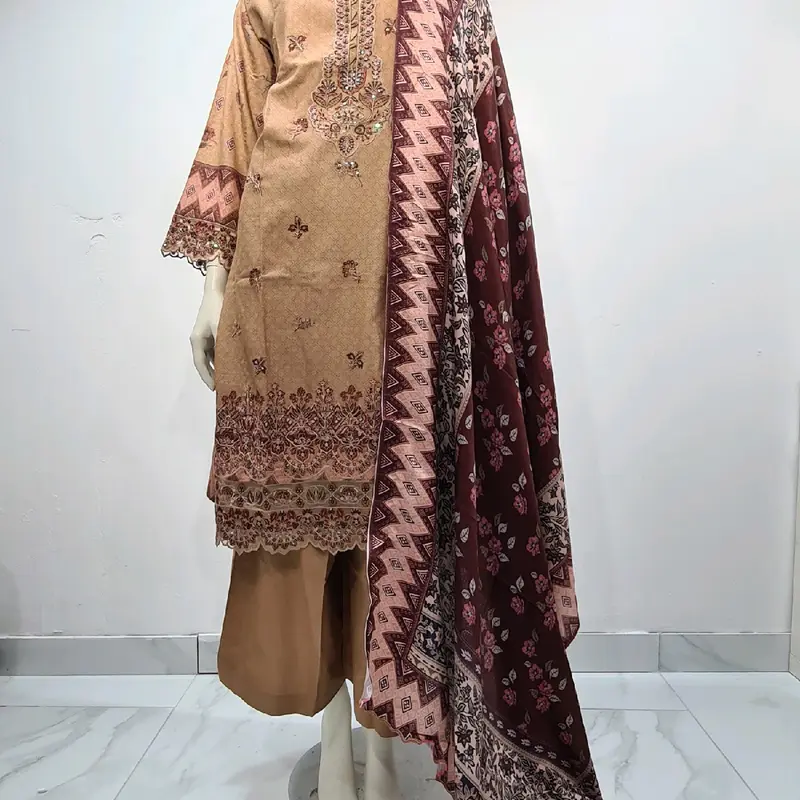 munira brand 3 peice suit  dhnak  material     chikenkri work pashmina doptha new winter collection 2