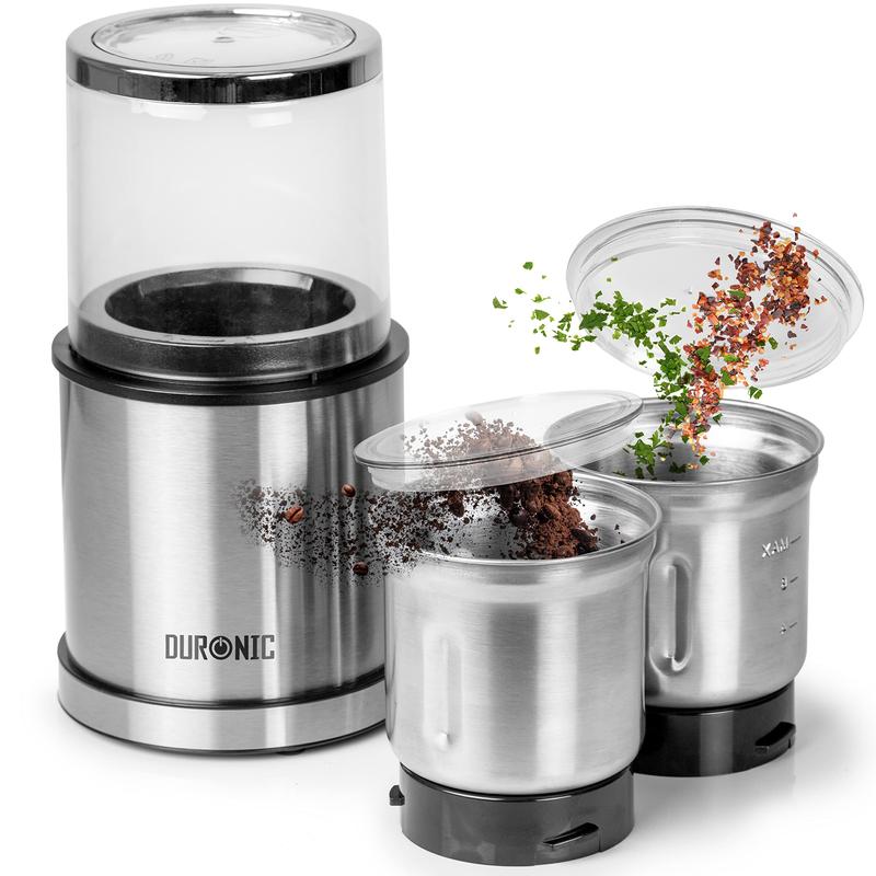 Duronic Electric Blade Coffee Grinder CG421, 2 in 1 Spice Grinder Kitchen Machine, Wet & Dry Grinding Mini Mill Hopper, 75g/220ml, 200W, 2x Stainless Steel Cups for Beans, Herbs, Nuts 0