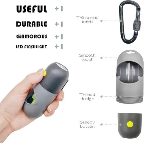2 Pack Dog Poop Bags Holder with LED Flashlight and Leash Clasp Pet Waste Bags Dispenser with 30 Poo Trash Bags Fastener and Elastic Rope for Used Bags (Black&Grey) 5