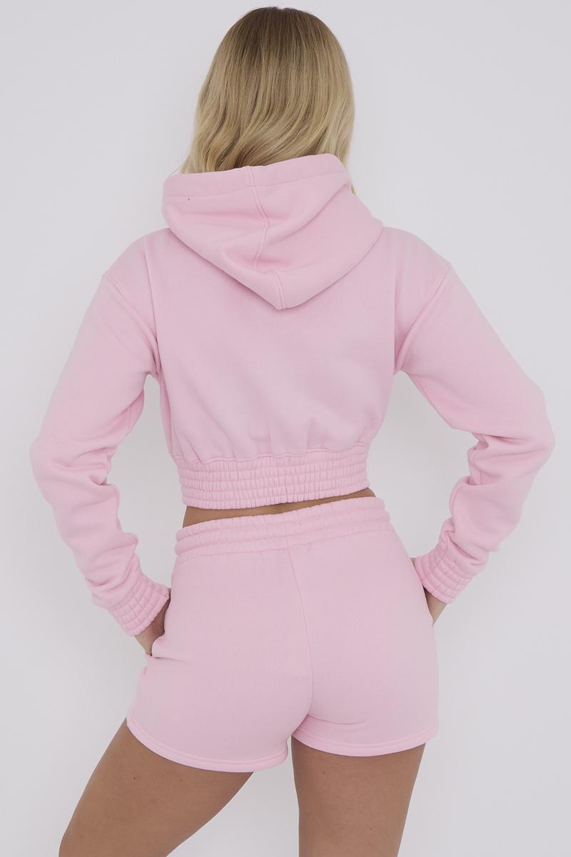 Product Introduction of Ladies Cropped Hoodie Shorts Set Women's Long Sleeve 2pcs Loungewear Casual Comfort Fashion Fit Womenswear Adjustable Pajamas Pockets Polyester Ruched Nightwear Stretchy Underwear Style Basic Longsleeves Suit Lady Soft Minimalist 12