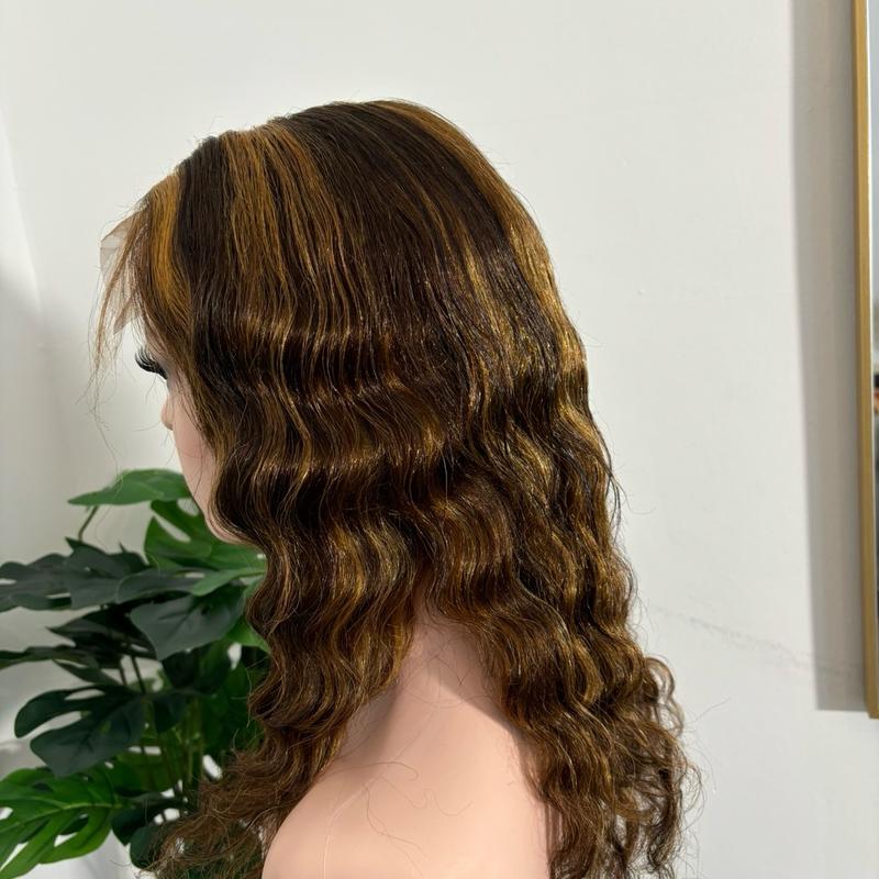 T closure body wave , human hair full machine wig, piano color 5