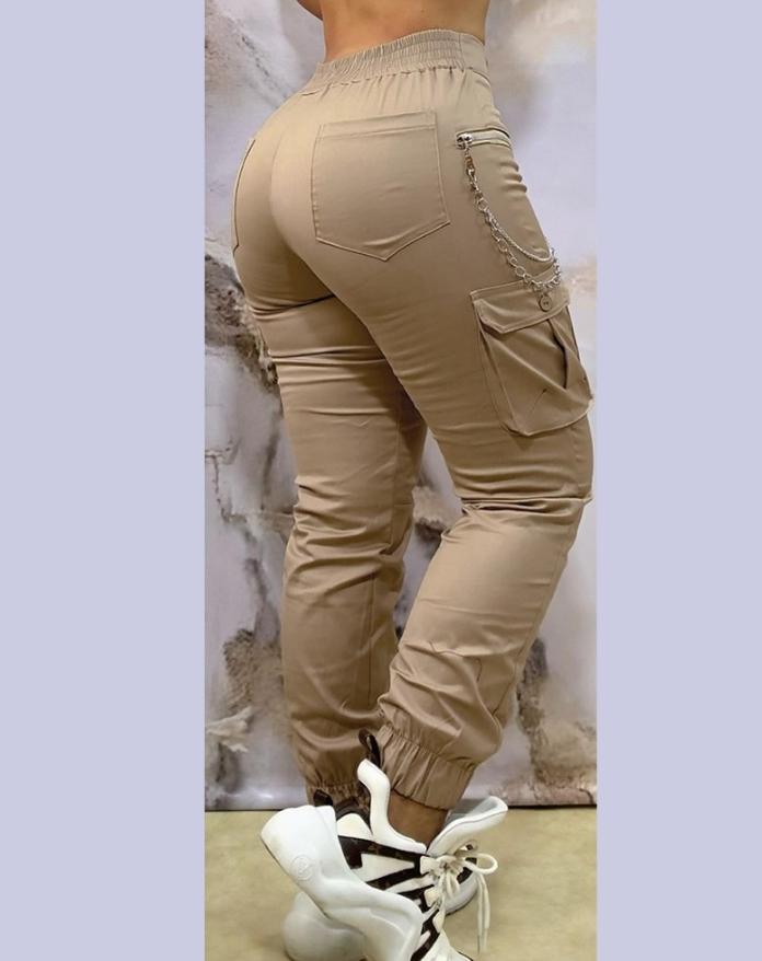 Product Introduction of Women's Pants 2024 Autumn Winter Fashion Casual Work Pants Chain Decor Pocket Design Cuffed Cargo Pants Shipped Within 48 Hours Fabric Fit 3