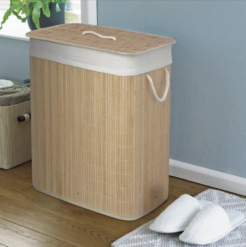 Dual Compartment Natural Bamboo Laundry Basket Eco Friendly Hamper 60cm Light Organiser Rectangle 2