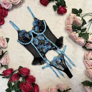 Liliosa Lingerie Midnight Blue & Black Bloom High Quality Corset (Corset + Pants) Elegant Comfort Womenswear, Elegance Ruffled Floral Embroidery, Breathable Blue Rose Trim Bra, Sexy Lingerie Top and Adjustable Pants, Soft Mesh Sheer, Shape Wear Corset