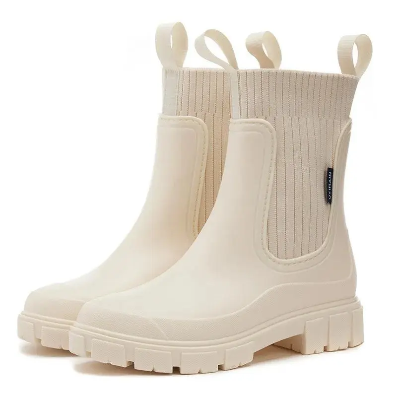 【2024】Boots Shoes Solid Mid Calf Shallow Round Toe Women's Rain Shoes Rain Boots Platform Women Waterproof Boots Markdown Sale