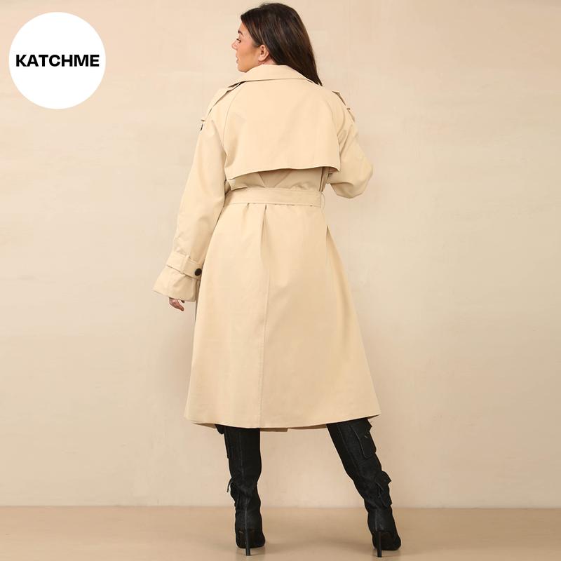 KatchMe Women's Oversized Premium Waist Tie Double Breasted Trench Coat (UK 8-22),High-End Outerwear Jacket,Plain Minimalist Side Pocket Lady's Outfits 6
