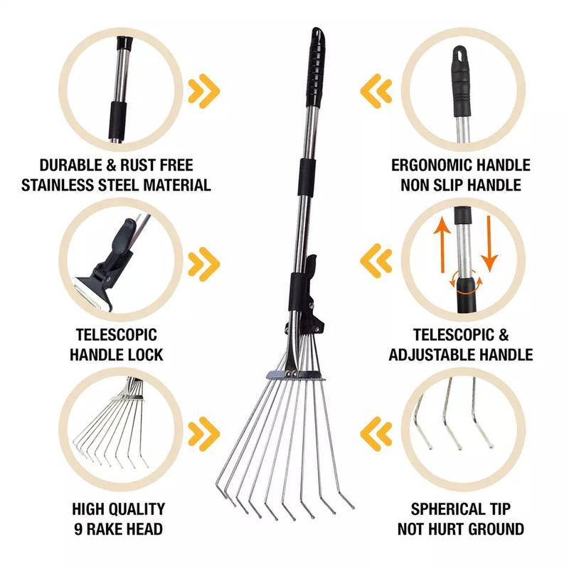 ADJUSTABLE TELESCOPIC METAL GARDEN RAKE LEAF TELESCOPIC HANDLE LAWN GRASS 3