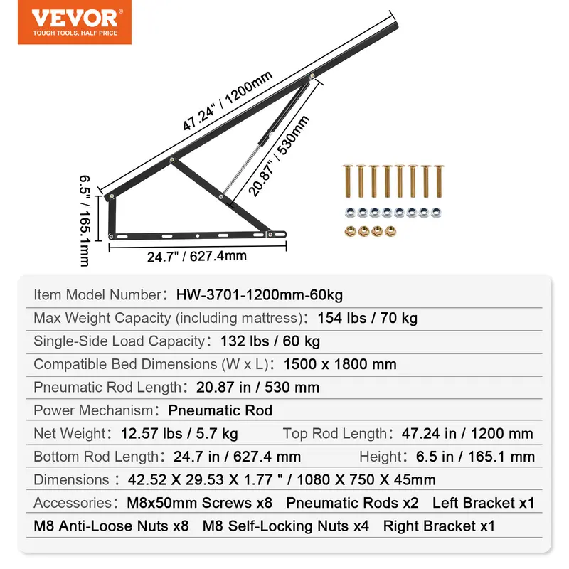VEVOR Bed Lift, 59x71 in Compatible Bed Size 154 lbs Load Bearing, DIY Wall Bed Mechanical Hardware Kit Vertical Deluxe, Pneumatic Lever Heavy Duty Bed Support, Folding Wall Bed for Guestroom 6