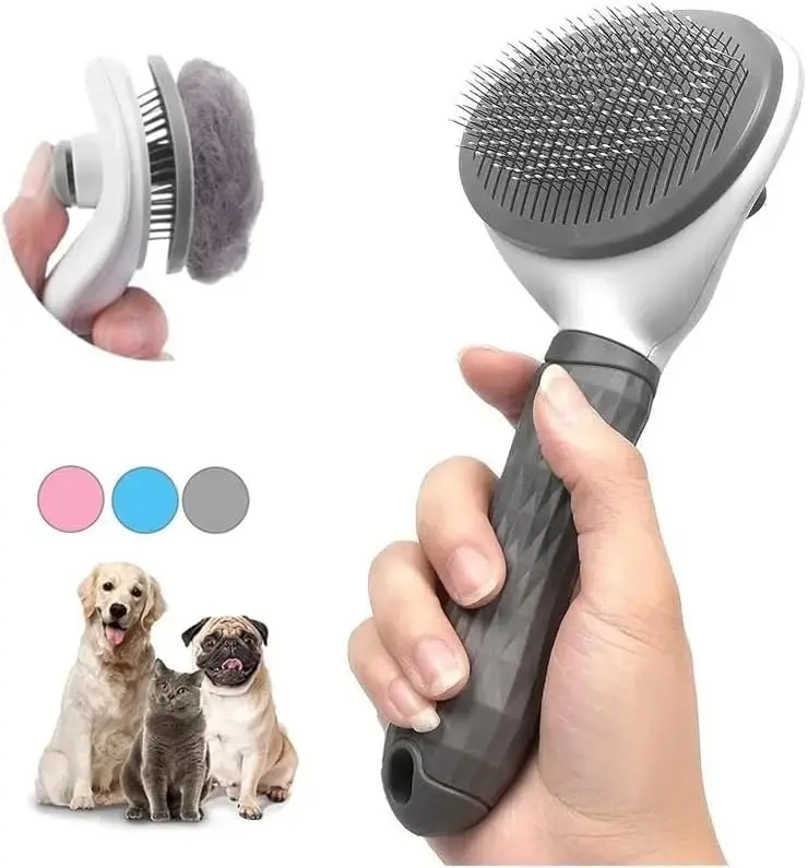 Pet Brush For Grooming - Dog Cat Self Cleaning Slicker Brushes with Smooth handle - Cleaning Button Pet Grooming Tool for Dogs Cats hair Shedding Tools Massage Brush - GREY 0