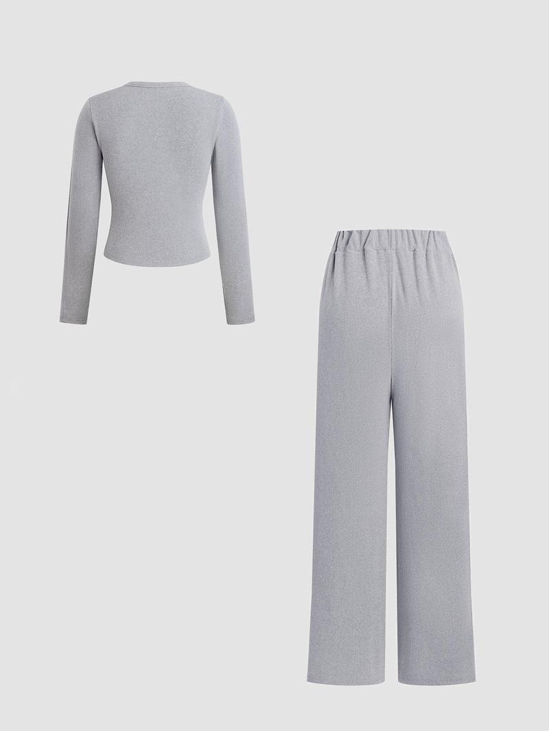 Product Introduction of Two-piece Set Women's Solid Button Front Ribbed Crop Top & Elastic Waist Pants, Casual Long Sleeve Round Neck Top & Trousers 2 Piece Set for Spring & Fall, Women's Clothes for Daily Wear, Sassyandclassyclothing 13