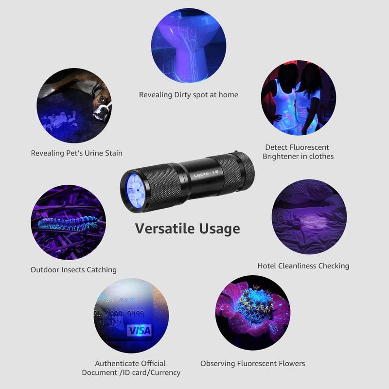 Product Introduction of LE UV Torch, 9 LED 395nm Ultraviolet Flashlight, Blacklight Detector for Pet Urine, Stain, Bed Bugs and More, 3 AAA Batteries Included 15