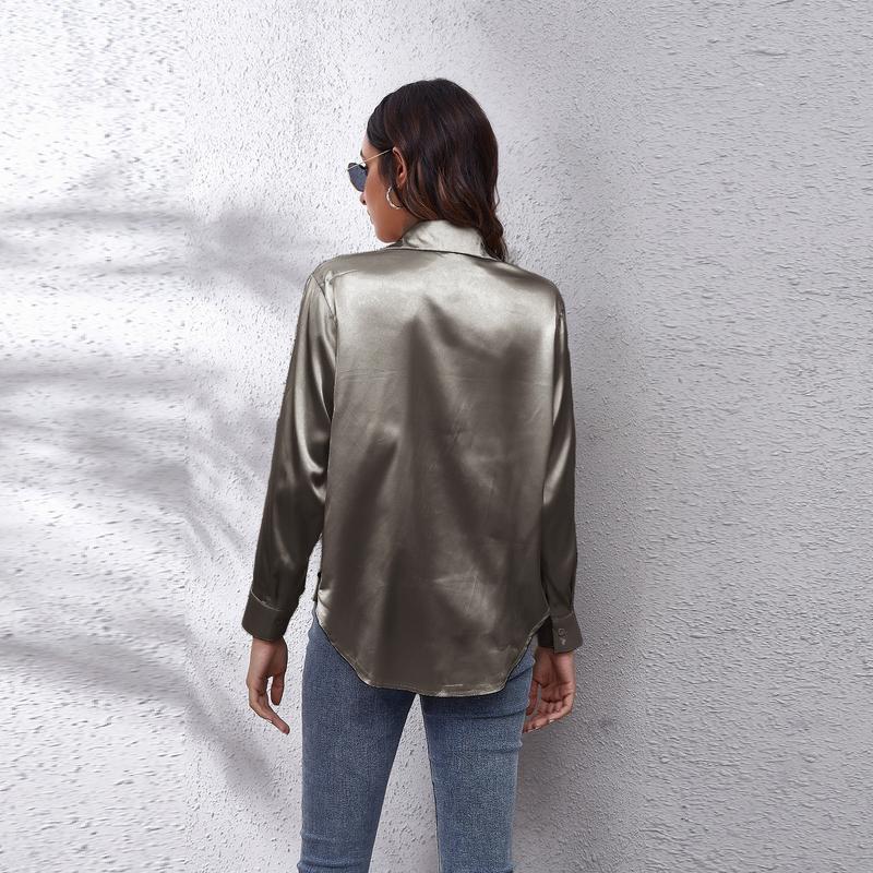 Product Introduction of Women's Satin Satin Imitation Silk Long Sleeved Shirt Elegant V-neck Retro Style Multicolor Shirt Top-Looki Ngi 11