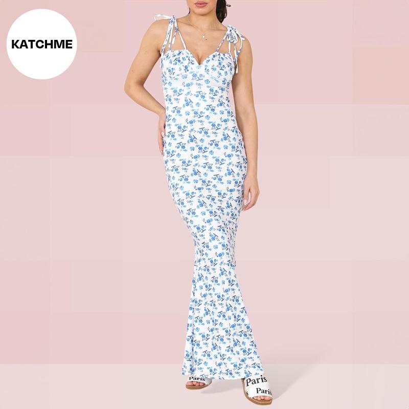 KatchMe Fresh Womenswear Adjustable Strap Floral Print Tie-Up Slinky Maxi Dress,Summer Mermaid Tail Dresses for Women,Birthday Outfits,Womenswear 3
