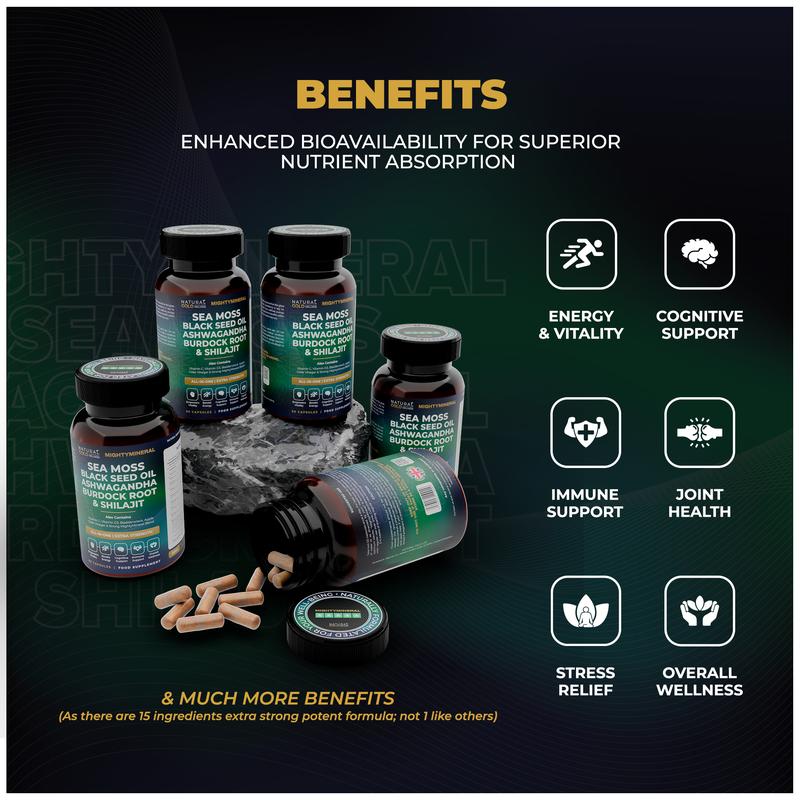 MightyMineral - Shilajit 4000MG, Sea Moss 8000MG, Ashwagandha 2000MG, Black Seed 3000MG, Burdock Root 2000MG | 5 IN 1 | ALL-IN-ONE | Optimum Healthcare Edible Dietary Natural Wellness & Fitness Supplement Highly Potent Capsules- Vegan 2