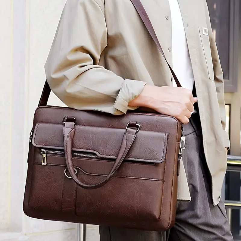 [Vintage Coffee Briefcase] Multi-Compartment Men's Vintage Style Coffee Briefcase Business Messenger Bag with Adjustable Strap for Daily Commute