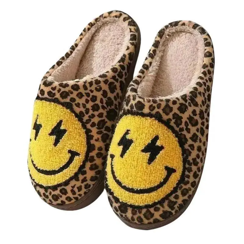 Leopard Print Winter Slippers Women Lightning Smile Face Fluffy Fur Slippers Woman Indoor Anti-slip Furry Couple Cotton Slides Flipflop Footwear Girl Shoe Comfort