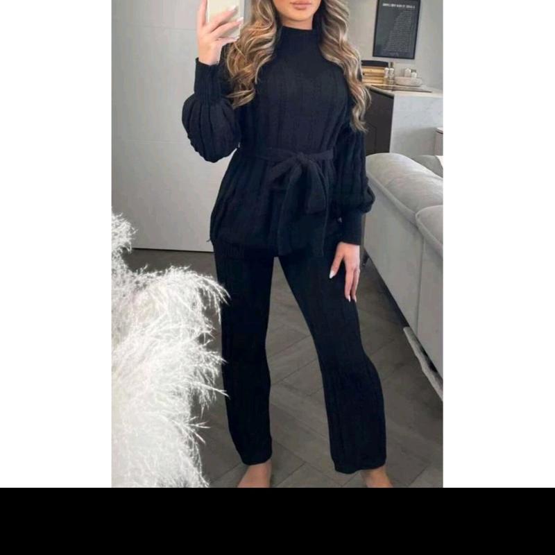 Women's High Neck Knitted 2PC Loungewear Set with Balloon Sleeves and Belt - Nightwear, Womenswear 5