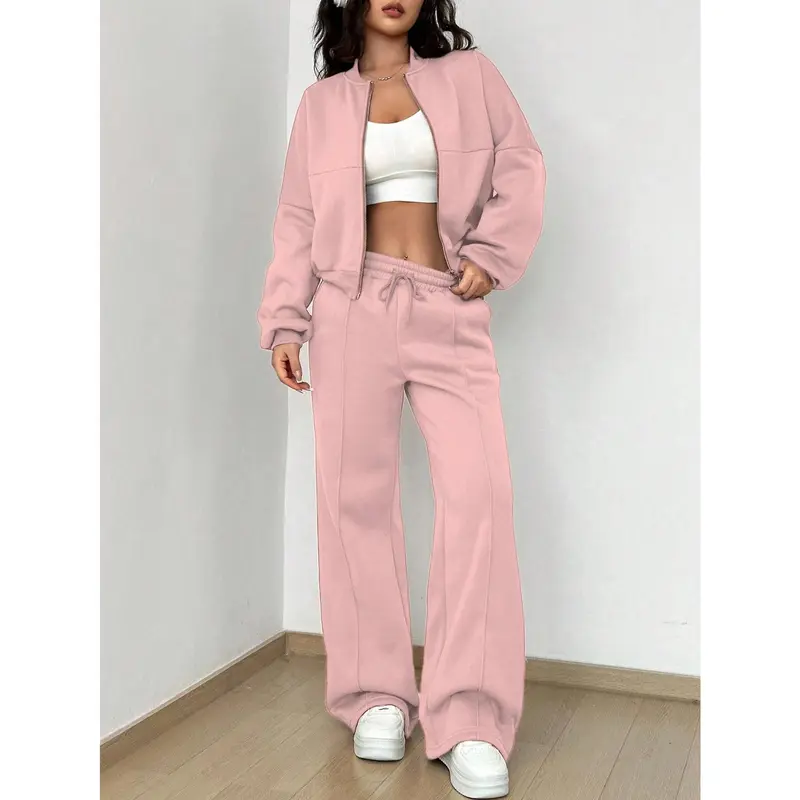 NEW Women's Autumn 2025 Two Piece Set Cardigan Zipper Sweatshirt Jacket With Elastic Waistband And Wide Leg Pants Casual Set Ladies HOT 5