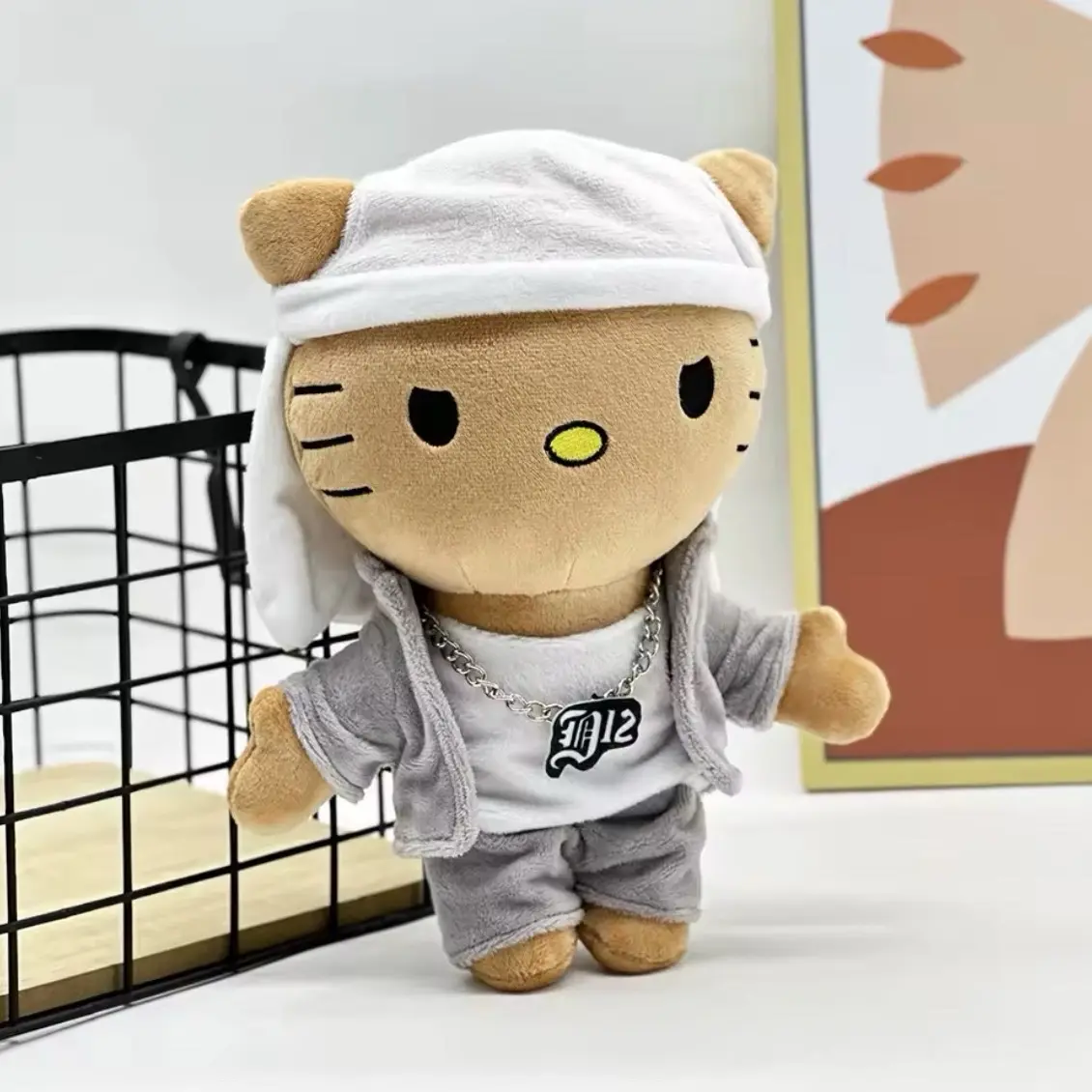 Hello Kitty Eminem Plush Doll with White Hat Boy Figure, 24cm Stuffed Toy for Boys and Girls, Cute Gift
