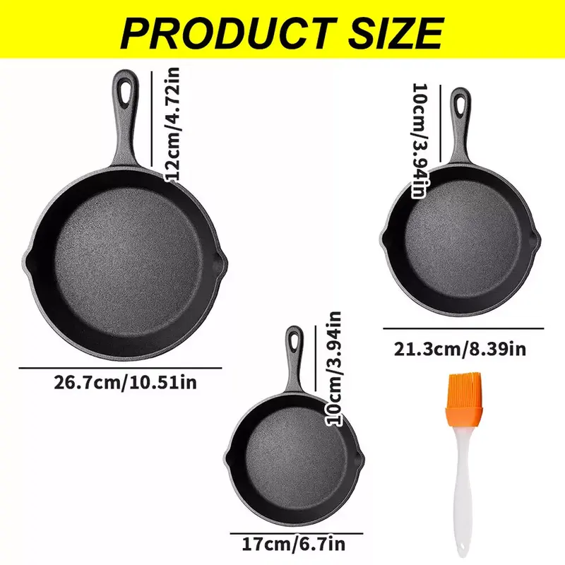 3 Piece Black Cast Iron Skillet Set- 3 sizes - 6",8",10" Cookware Pans 5