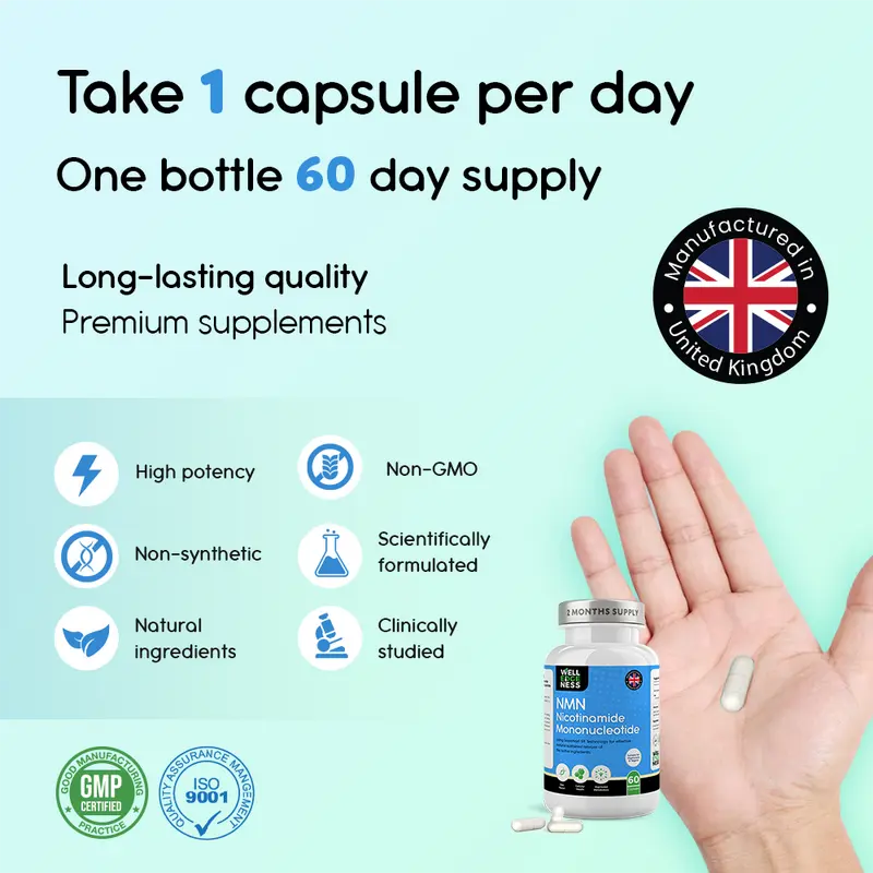 60 x 500mg Pure NMN Capsules | 2 Months Supply with Delayed Release Technology Capsules | NAD+ Precursor - Longevity & DNA Repair Edible NMN Supplement Fitness Healthcare by WELLEDGENESS Multivitamin Wellness Viral Supplements 2