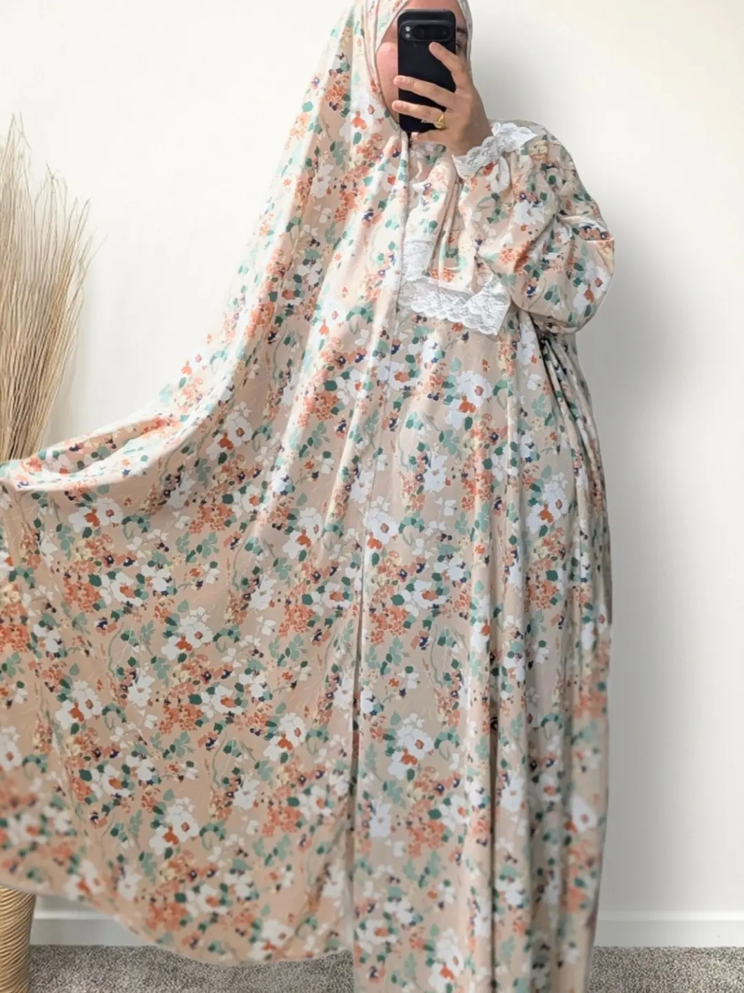 Pastel Pink Floral Prayer Abaya with Pockets, Custom Attached Scarf & Tailored Length Option - Ookti Handmade Modest Muslim Women Clothing