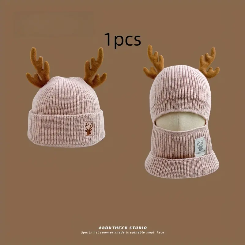 Red Reindeer Antler Beanie with Integrated Scarf, Acrylic Knit Winter Hat, Thick Warm Ear Warmer, Elastic, with Hand Wash Only, for Fall/Winter Season 8