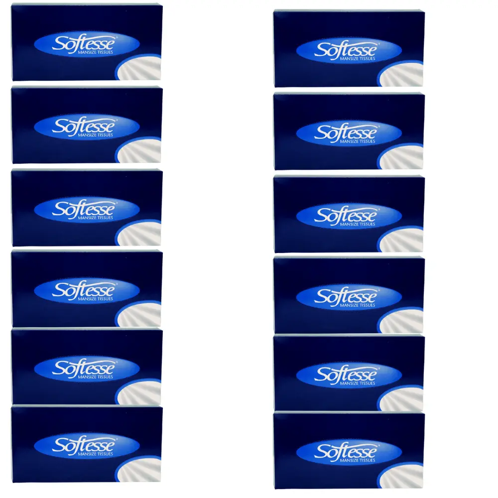 Softesse Mansize Facial Tissue Boxes - Pack of 12, 75 Sheets Per Box, 2 Ply, Household Cleaning Supplies