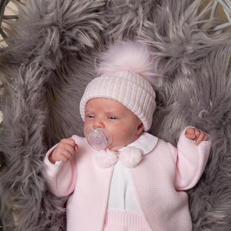 First Size Pink And Silver Ribbed Fur Single Pom Hat 4