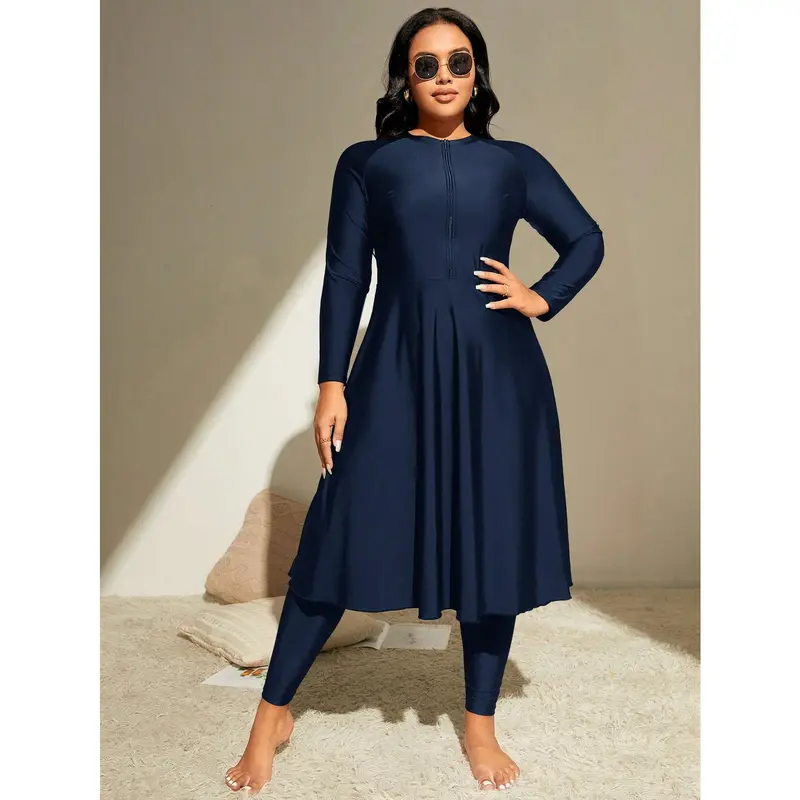 Swim Mulvari Plus Size Solid Zip Front Full Body Burkini,Summer BeachArabic Clothing 2