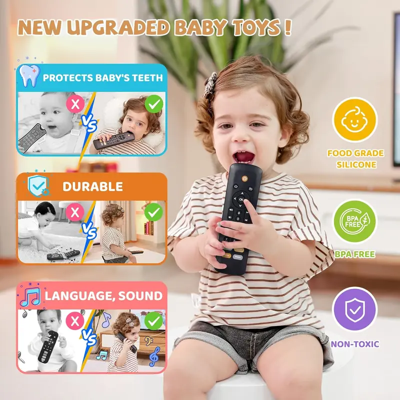 TV Remote Toy - Realistic Play Remote toy with Lights and Sounds, 3 Languages (English, Spanish & French), Learning Musical Toys, Preschool Infant Boys Girls Toys Gift for 1 2 Year Old, Black 2