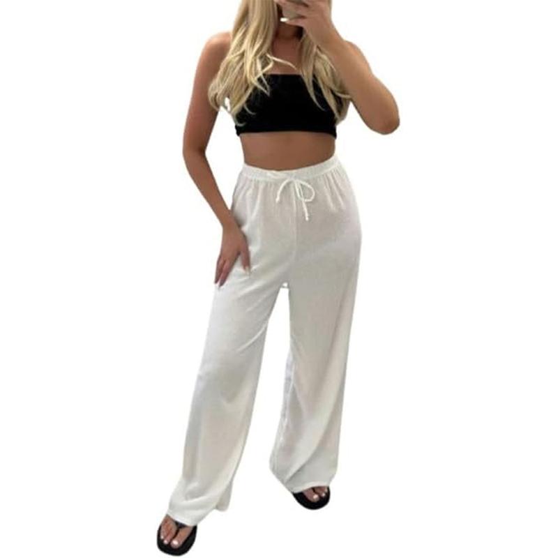 Ladies Wide Leg Straight Plain High Waisted Stretchy Palazzo Trousers, Loose Pants, Pajamas Bottoms Fit Soft Womenswear Comfortable Elegant Loungewear 1