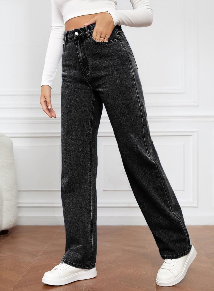 Product Introduction of Women Jeans Straight Pants Denim Washing High Waist Loose Fit Pockets Basics Ankle Length Pants Solid Color Slight Strech 16