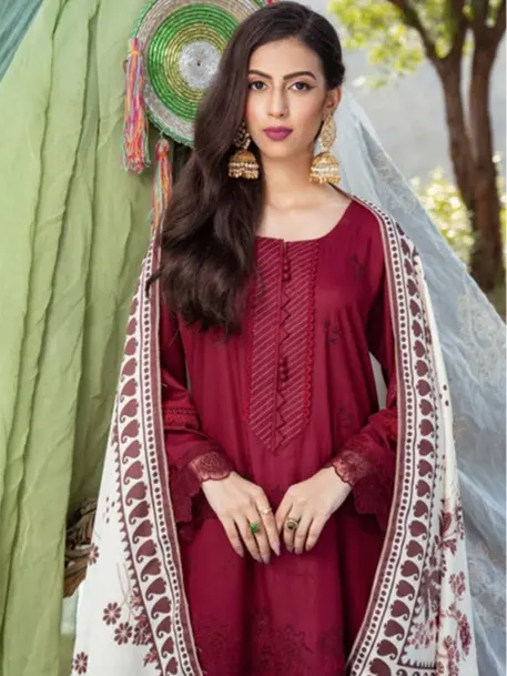 Embroidered Dhannak Chiken Kari Shirt, Dhannak Fabric Dupatta, and Dhannak Trouser - Women's Three Piece Readymade Casual Outfit by Munira Designer Dress Printed 1