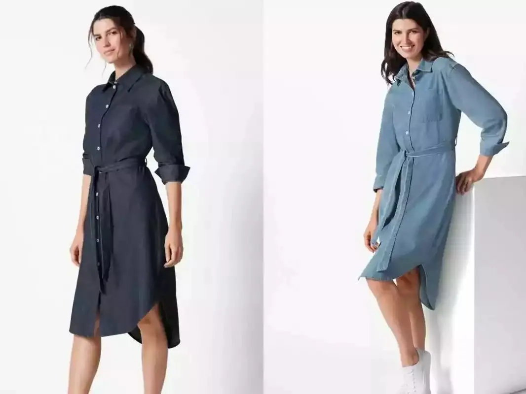 Denim Cotton Shirt Dress Button Pocket & Belt Long Sleeve Jeans Casual Womenswear Chic