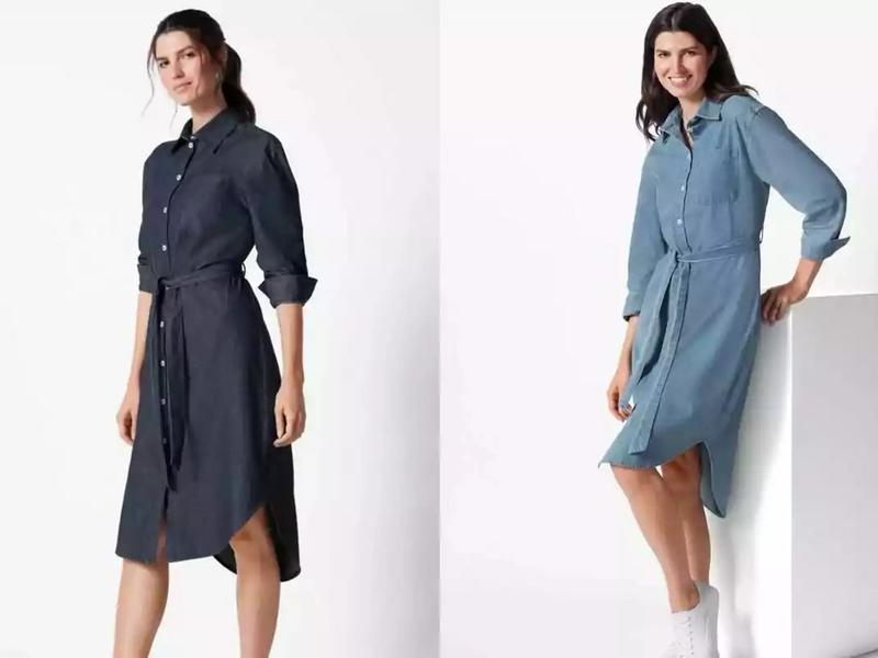 Denim Cotton Shirt Dress Button Pocket & Belt Long Sleeve Jeans Casual Womenswear Chic 0