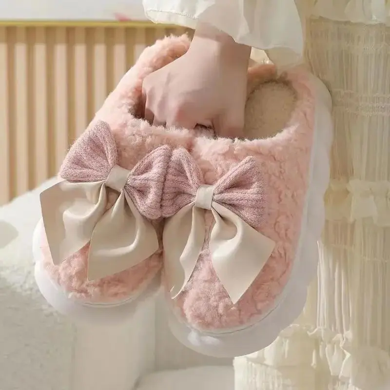 New Bow Cotton Slippers Women's Indoor Home Use Warm Thick Bottom Anti-slip Postpartum Slippers Women's Sweet Style 2