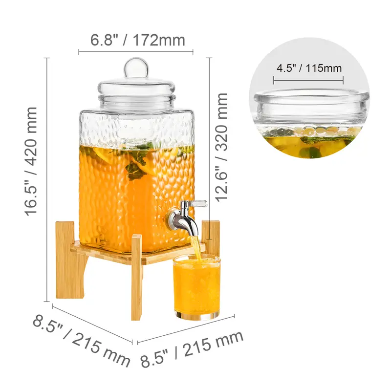 VEVOR Beverage Dispenser, 1.5 Gallon Drink Dispensers for Parties,2PC,Glass Juice Dispenser with Stand, Stainless Steel Spigot, Iced Tea Lemonade Juice Water Dispenser, for Restaurants, Hotels, Partie Drinkware Jugs 7