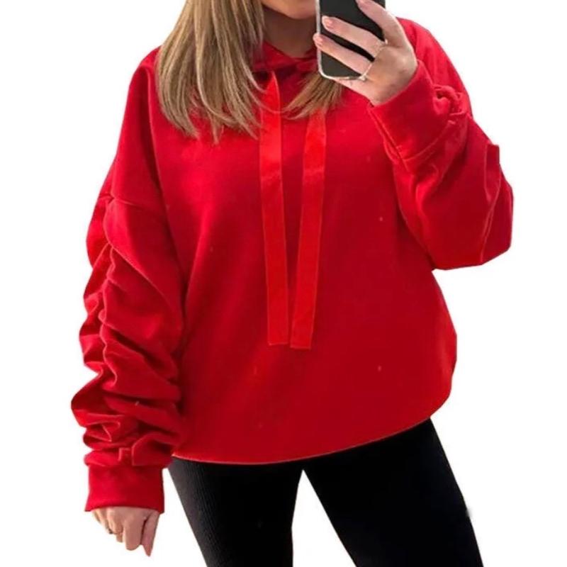 Ruched Arm Ribbon String Hoodie, Oversized Baggy Comfortable Womenswear 7