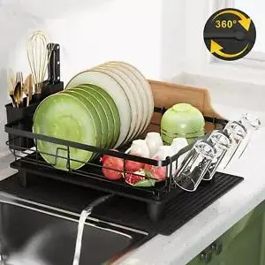 Dish Drainer Kitchen Sink Cutlery Draining Holder Plate Rack with 360°Drip Tray Organiser 4