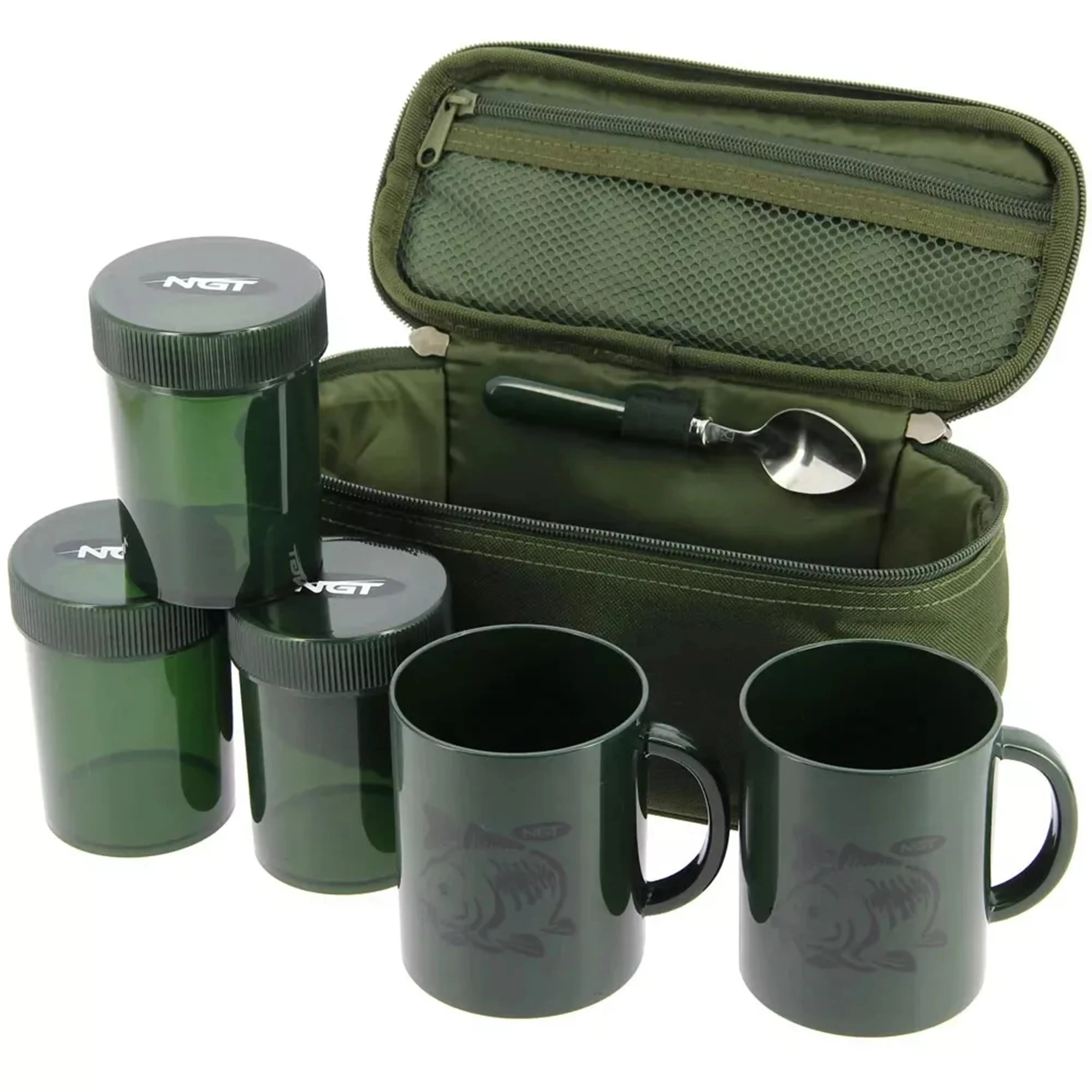 NGT BANK SIDE BREW KIT 2 CUPS 3 POTS TEA SPOON CASE CARP FISHING TACKLE CAMPING
