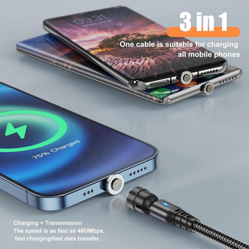 Magnetic Charging Cable 3 in 1 Magnet USB Cable 360 ° + 180 ° Rotating Charging Cable 3A Fast, 1M or 2M Nylon Braided Magnetic Cable Compatible with Micro USB,Type C/USB C,I-Phone, for phone, Tablets, and more, 3A USB C to USB C fast charging cable. 6