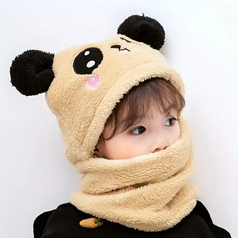 Fall/Winter 'S Hat Set - Warm Integrated Ear & Neck Scarf, Cute Bear Ear Style Hoodie Cap, Velvet Outer, Windproof Plush Hat, Polyester Composition, Hand Washable, Christmas Themed, Stretch Fit, Toggle Closure, Baseball Cap Design, Suitable for Daily 2