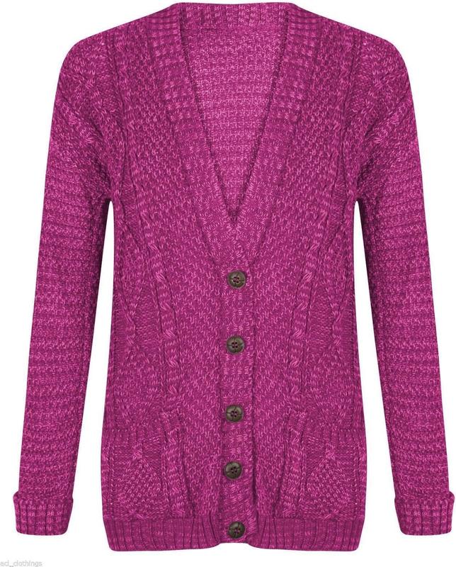 Womens Long Sleeve Chunky Cable Knitted Grandad Cardigan Girls Button Up Pocket Cardigan 1