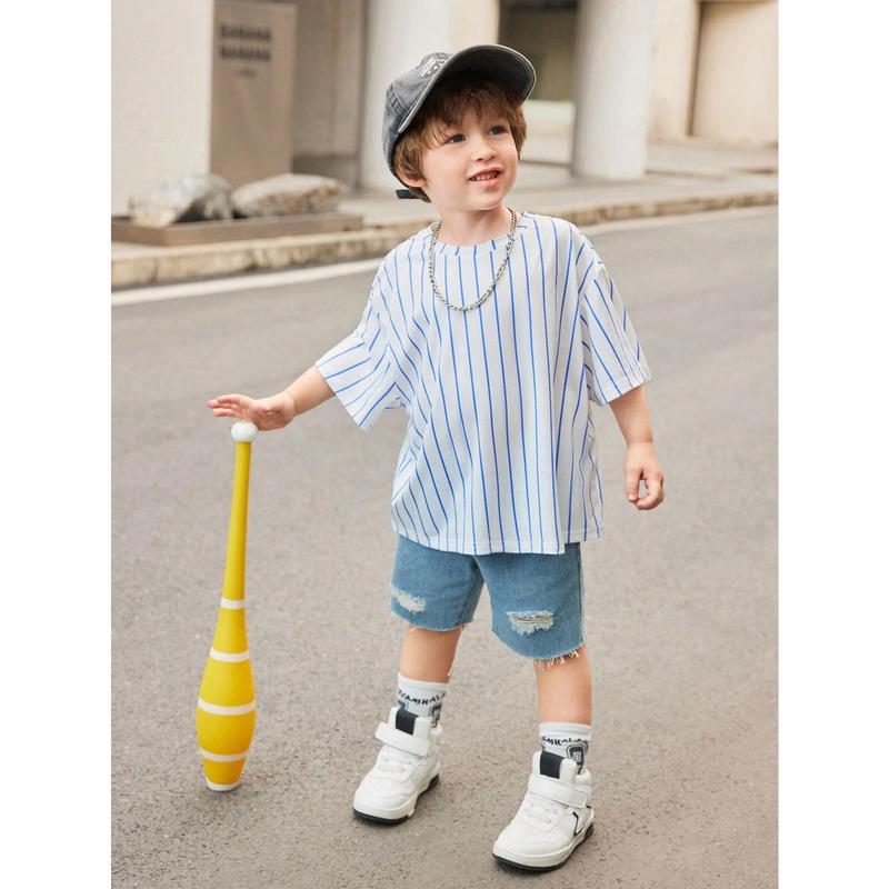 Young Boy 1pc Casual & Cute Vacation Cartoon Animal Group Print Ultra-Oversized Round Neck Drop Shoulder Short Sleeve White & Blue Striped T-Shirt, Suitable For Sports & Spring/Summer Seasons 2