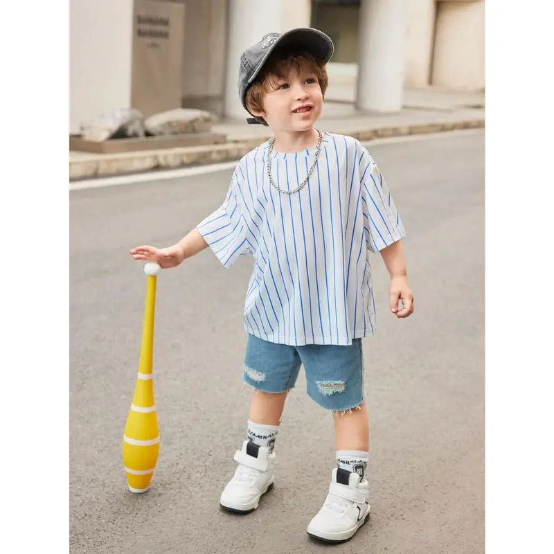 Young Boy 1pc Casual & Cute Vacation Cartoon Animal Group Print Ultra-Oversized Round Neck Drop Shoulder Short Sleeve White & Blue Striped T-Shirt, Suitable For Sports & Spring/Summer Seasons 2